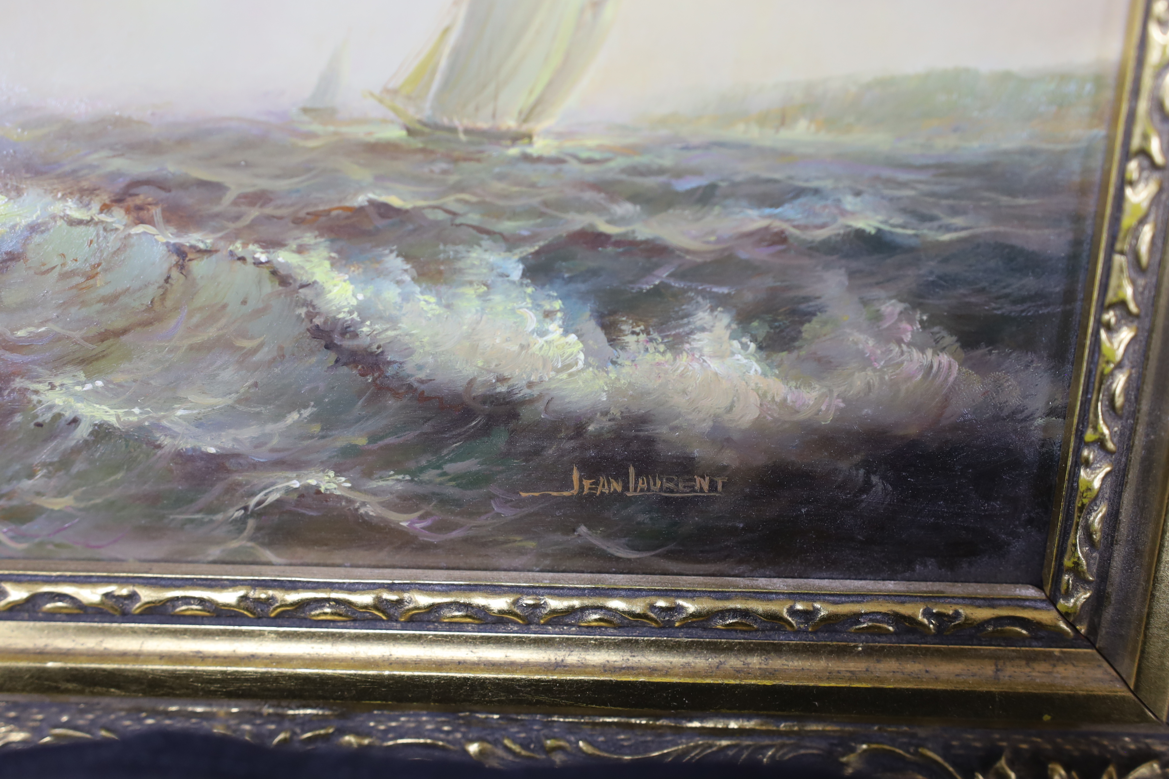 Jean Laurent (French, 1898-1988), oil on board, Early 19th century naval frigate, signed, 29 x 39cm